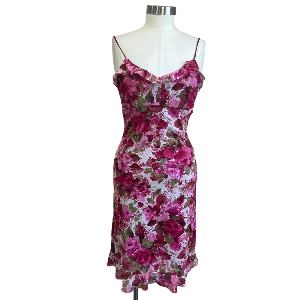 Jonathan Martin Y2K Floral Mesh Slip Dress Spaghetti Strap Ruffle Hem S
